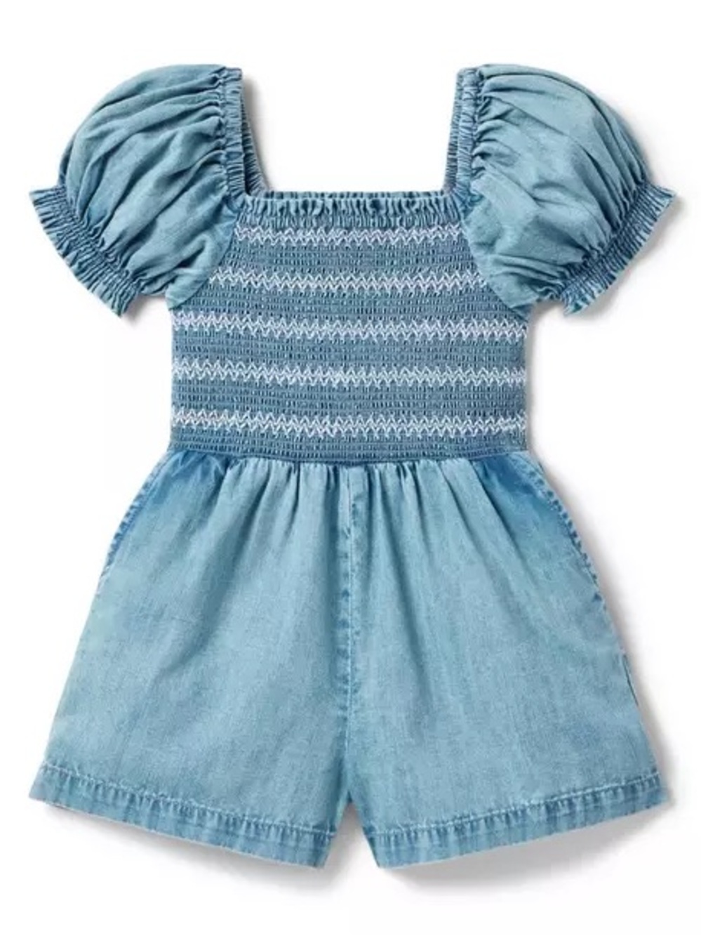 Janie and Jack Light Blue Denim Smocked Romper with Puff Sleeves